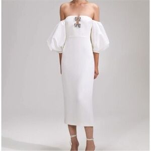SELF PORTRAIT Balloon-Sleeve Off-The-Shoulder Midi Dress